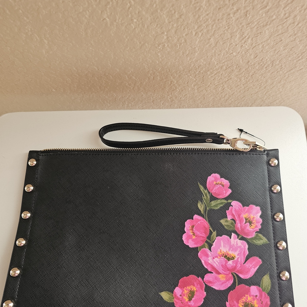 White House Black Market Black Clutch with Pink Floral Design